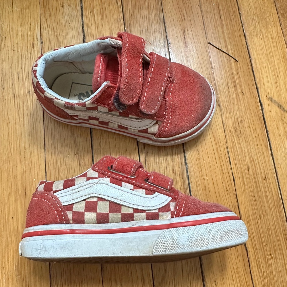 Vans Red and White Sneakers with Velcro Straps and Classic Skate Design